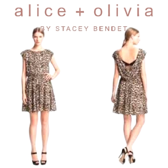Alice + Olivia Shelie Leopard Open Back Dress Blk/Brn/Tan Cap Sleeve Lined Sz XS - Picture 16 of 16